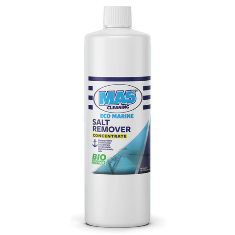 A white bottle of MA5X EcoMarine Salt Remover with blue and navy labeling, indicating it is biodegradable and concentrated.