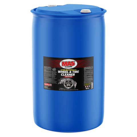 A large, sealed blue 55-gallon plastic drum of MA5X Concentrated Wheel & Tire Cleaner. The product label features a detailed image of a car wheel and a title that reads "MA5X Cleaning, Wheel & Tire Cleaner." The drum is sitting in a white studio-lit environment.