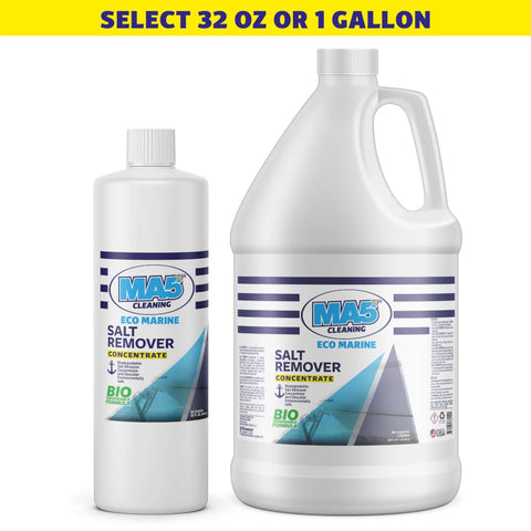 Two bottles of MA5X Cleaning Eco Marine Salt Remover, one 32 oz and one 1 gallon, on a white background.