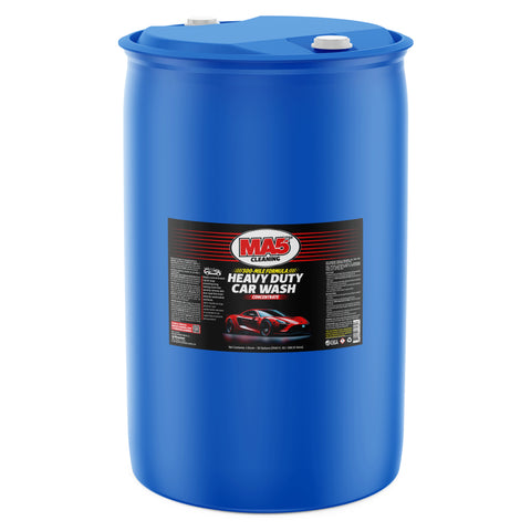 A large, sealed blue 55-gallon plastic drum of MA5X Premium Concentrated Car Wash Soap. The product label features a red sports car and a title that reads "MA5X Cleaning, Heavy-Duty Car Wash." The drum is sitting in a white studio-lit environment.