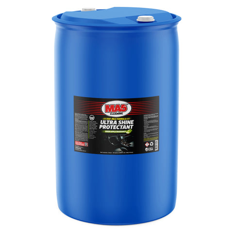 A large, sealed blue 55-gallon plastic drum of MA5X Ultra Shine UV Protectant. The product label features a car's dashboard and a title that reads "MA5X Cleaning, Ultra Shine Protectant" with a green apple fragrance. The drum is in a white studio setting.