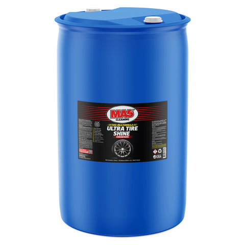 A large, sealed blue 55-gallon plastic drum of MA5X Ultra Tire Shine. The product label features a detailed image of a car wheel and a title that reads "MA5X Cleaning, Ultra Tire Shine." The drum is shown in a white studio-lit environment.