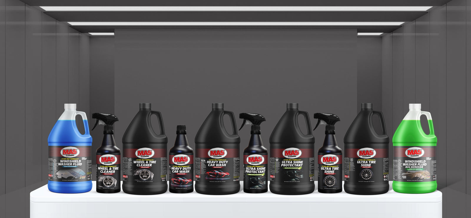 Car care products: wash, wheel & tire, interior protectant, windshield fluids